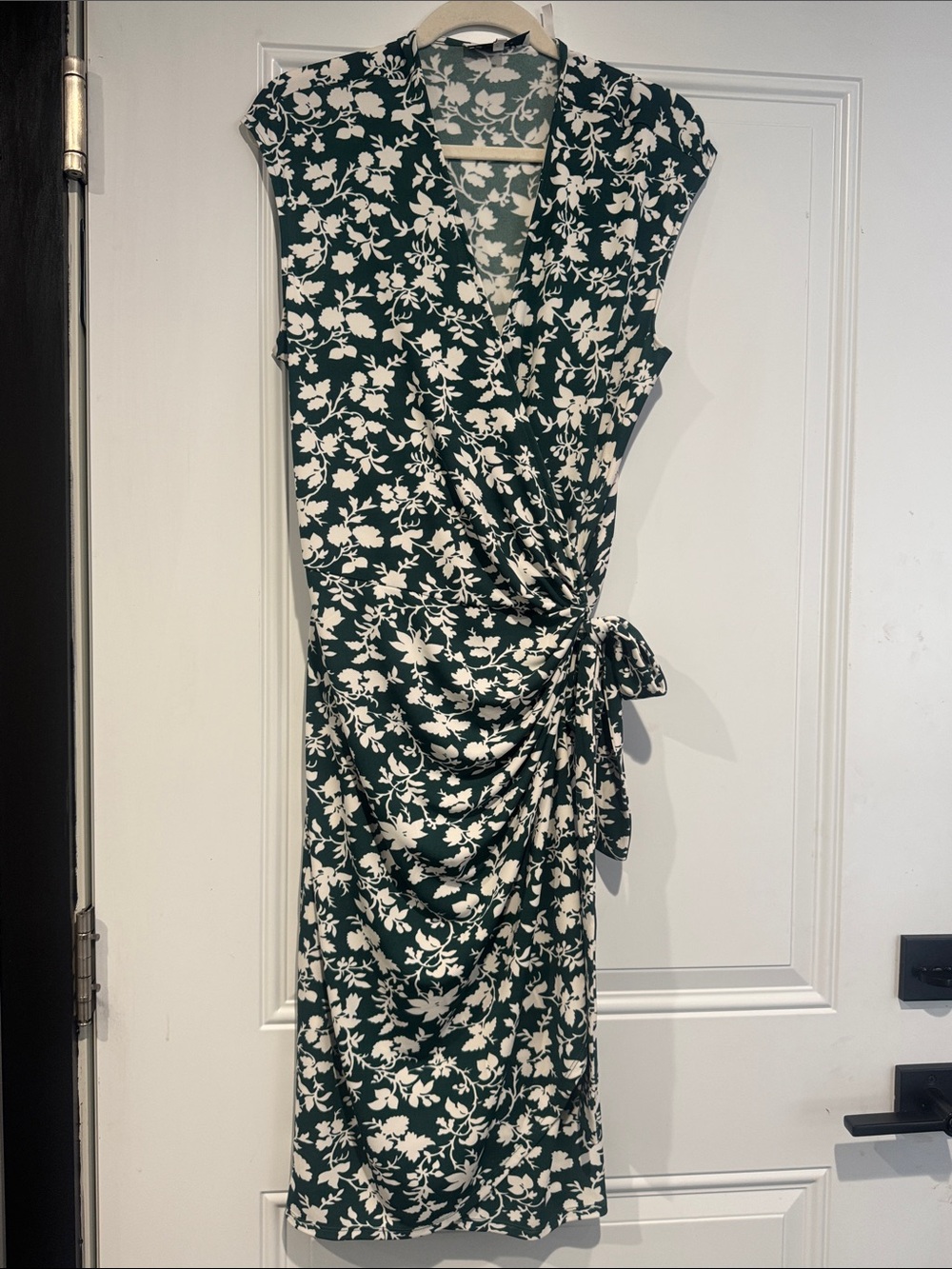 Lark & Ro Green and White Floral Midi Dress with wrap front